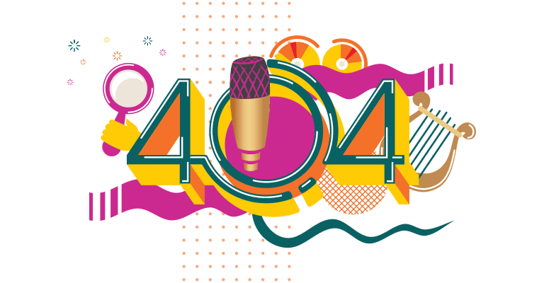 a colorful 404 design with a microphone and musical elements.