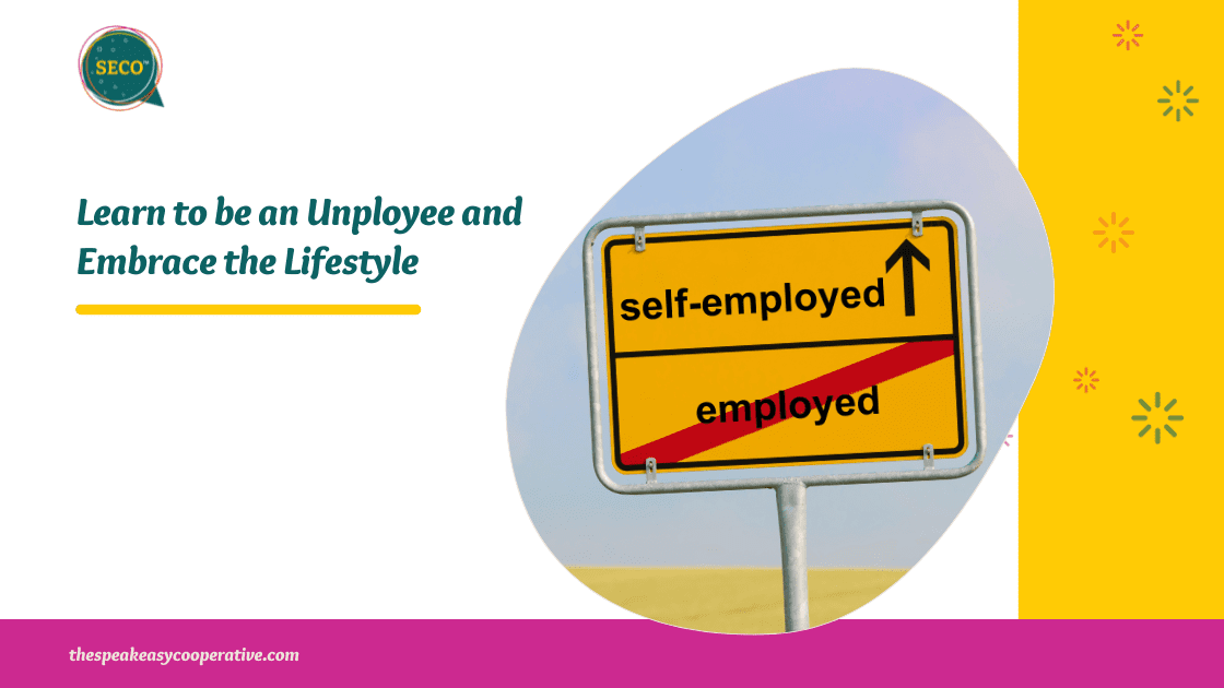 A road sign reads "self-employed" with an arrow pointing ahead, below it is "employed" crossed out.