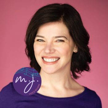A photograph headshot of M.J. Johnson with her purple logo that has "M.J." written inside it.